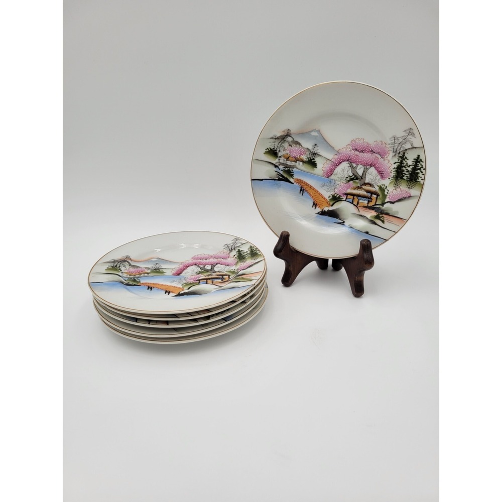 Set of 6 Vintage NS Kutani Japan KUT21 bread dessert plates pink beaded textured